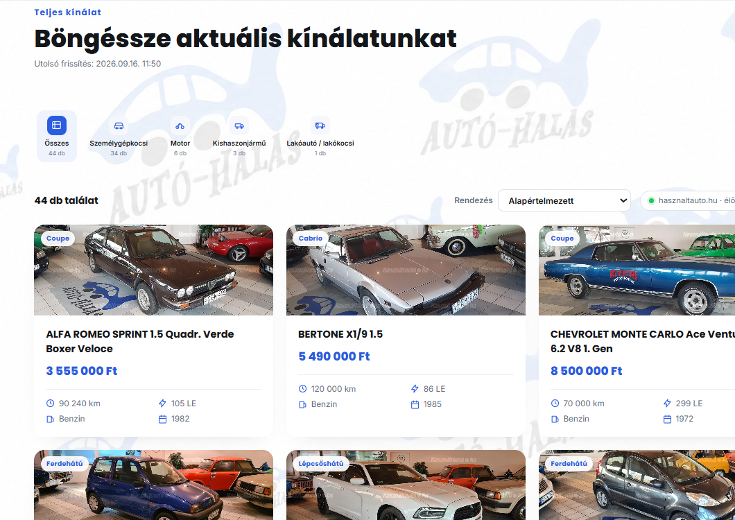 Autó-Halas használtautó-szalon weboldal – teljes kínálat