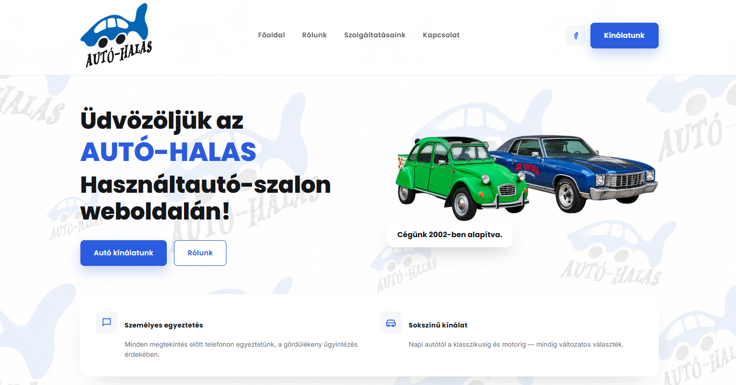 Autó-Halas használtautó-szalon weboldal – kezdőlap