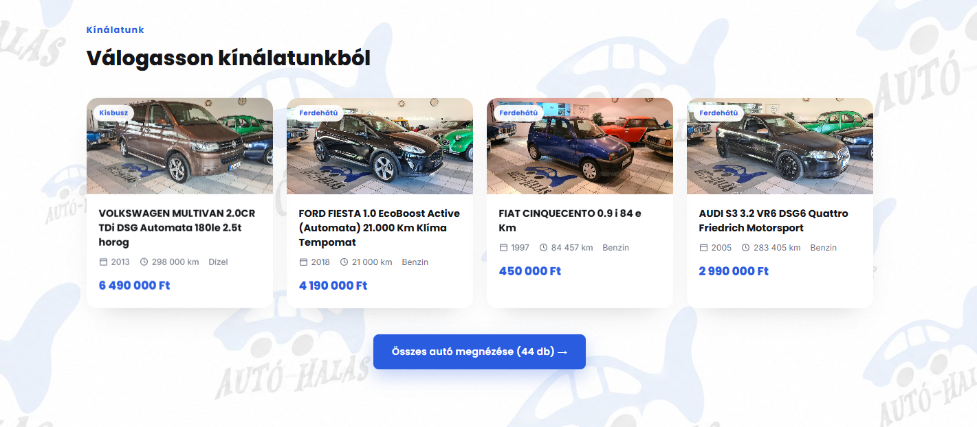 Autó-Halas használtautó-szalon weboldal – kínálat szekció