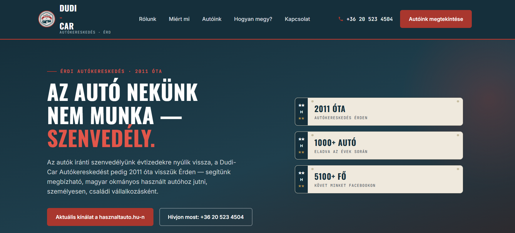 Dudi-Car autókereskedés weboldal – kezdőlap