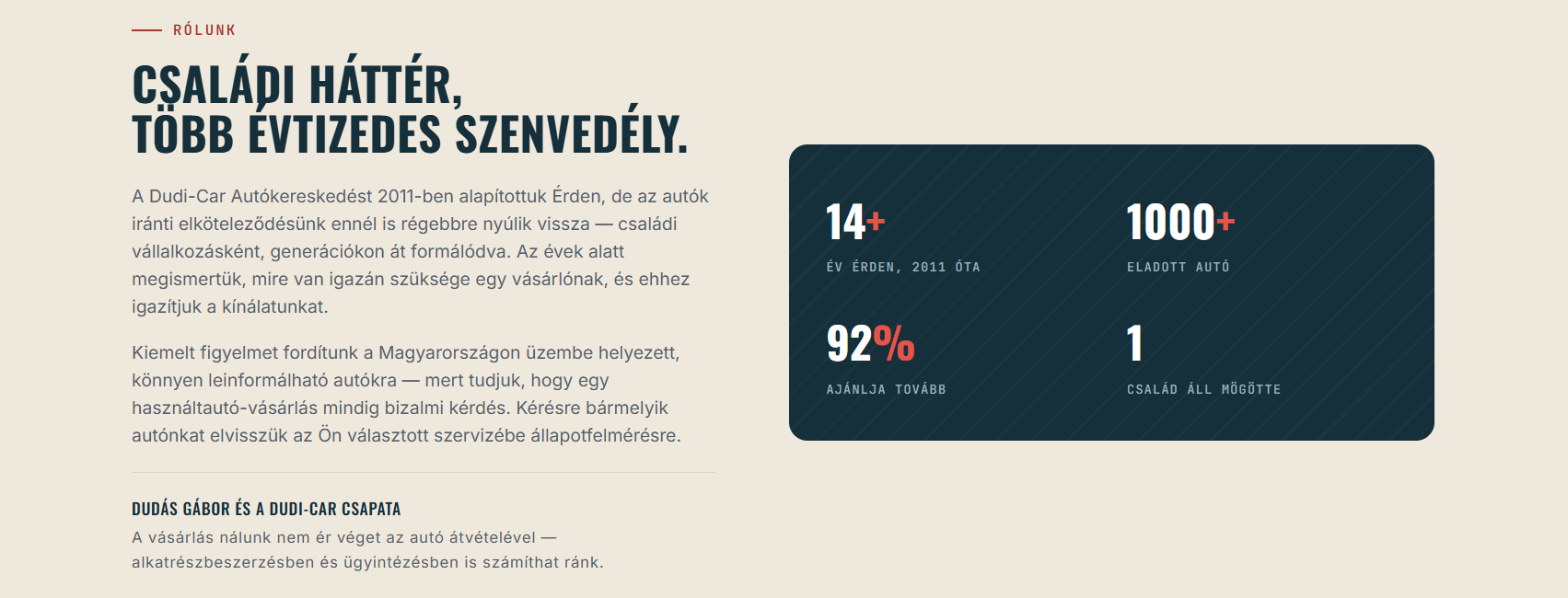 Dudi-Car autókereskedés weboldal – Rólunk szekció